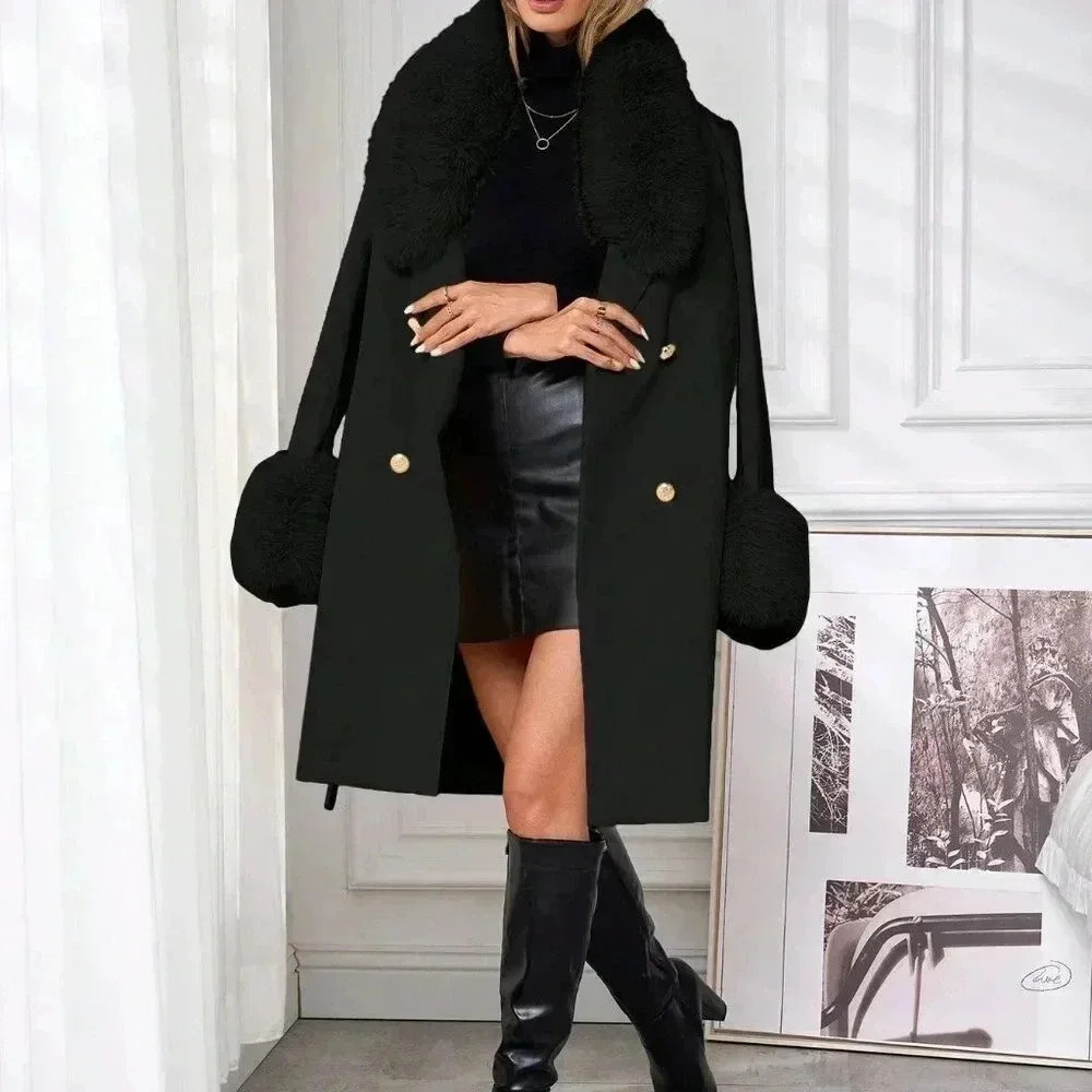 Black Elegant Women's Double-Breasted Belted Faux Fur Trimmed Coat